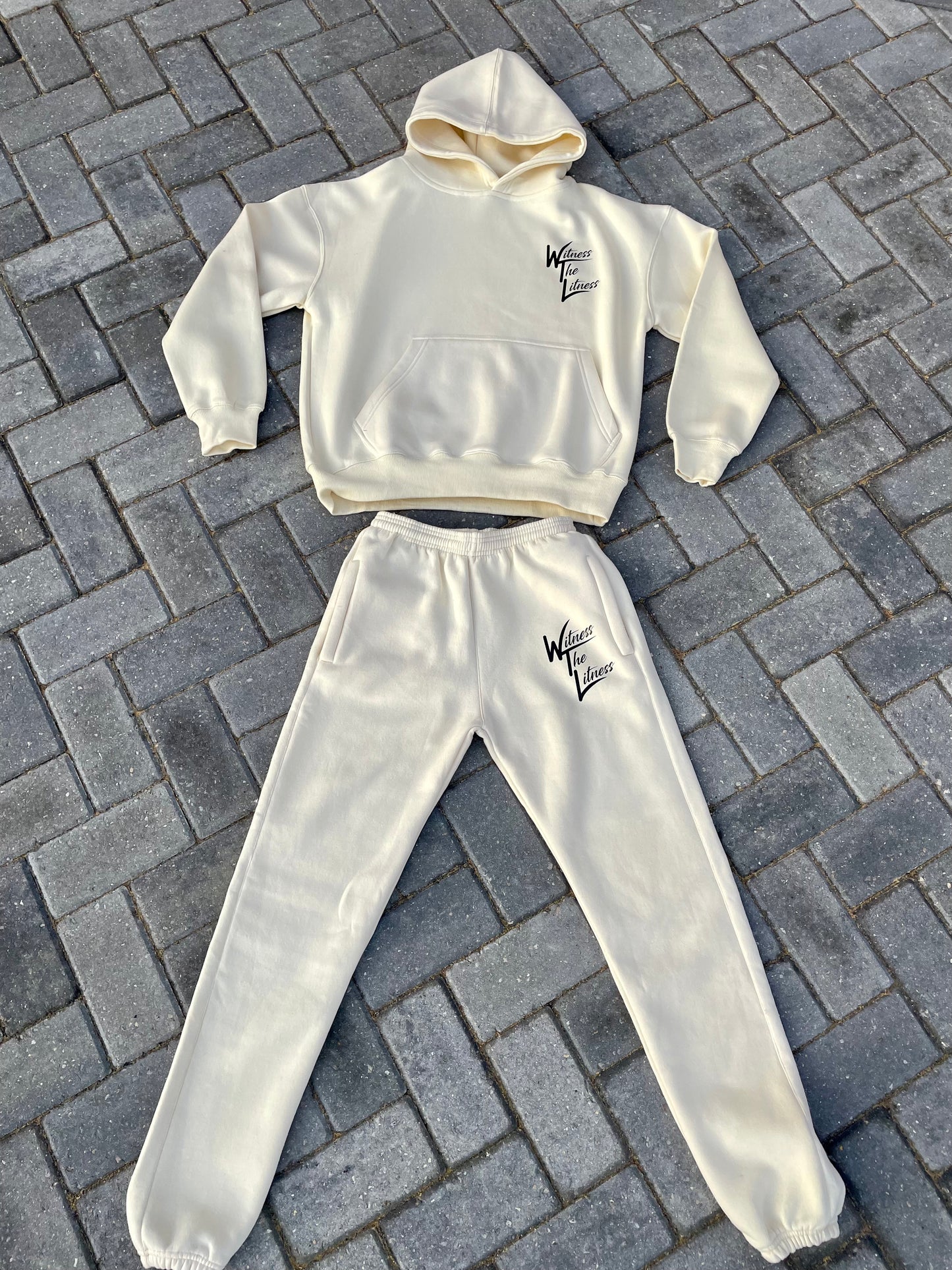 'WTL' Signature Logo Hoodie Tracksuit - Cream/Black